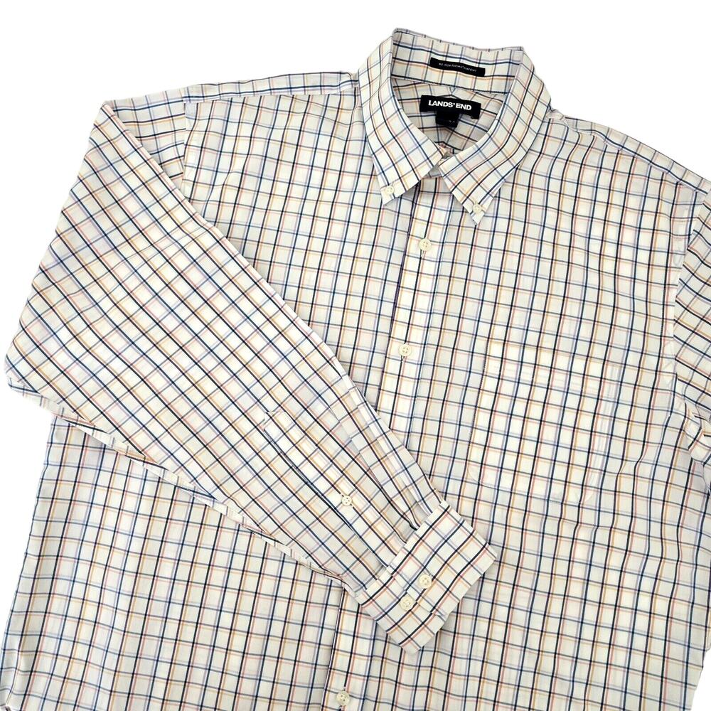 Lands End Shirt Mens 34 No Iron Cotton Plaid Classic Preppy Office Career Casual